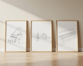 Piano Wall Art Set of 3, Music Lover Gift, Minimalist One Line Drawing Prints, Music Room Decor, Digital Download