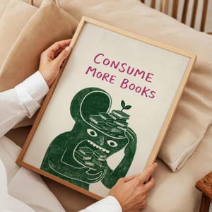 Arte mural de libros retro, lámina de lectura, regalo para amantes de los libros, ilustración dibujada a mano, lámina "Consume más libros", láminas literarias geniales imagen 3