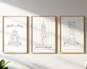 Yoga Wall Art Set of 3, Minimalist Meditation Prints, Zen Wellness Decor, Calm Strength Posters, Digital Download
