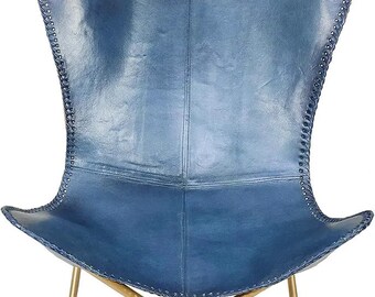 Chaise papillon en cuir bleu faite à la main avec repose-pieds, fauteuil de relaxation pliable