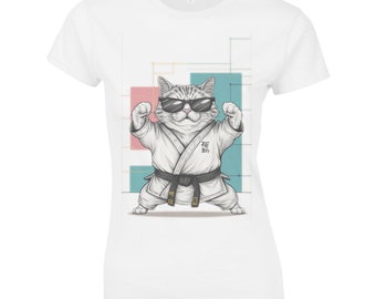 May include: White t-shirt with a graphic of a cat wearing sunglasses and a karate uniform. The cat is in a fighting stance with its fists clenched. The text "柔道" is on the cat's uniform.