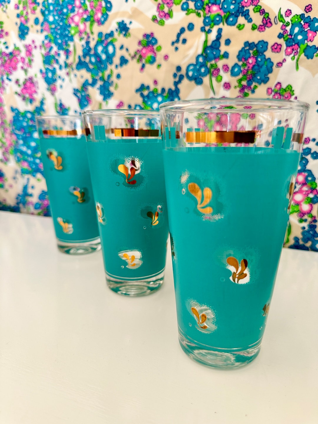 Set of 3 Midcentury Vintage Glassware Green & Gold Etsy