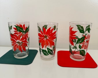 ミッドセンチュリーヴィンテージガラス製品3個セット - 花柄 - 赤と緑