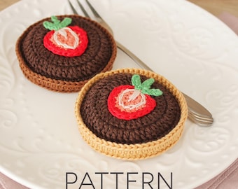 Patrón de crochet para tartaleta de chocolate y fresa [SOLO PATRÓN DIGITAL] [comida amigurumi, patrón de crochet para pastel, comida de juguete, decoración de comida]