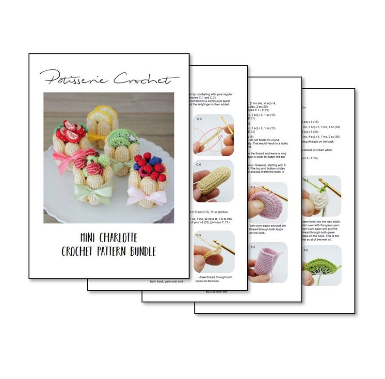 Puede incluir: Un paquete de patrones de crochet para hacer mini postres Charlotte. El patr&oacute;n incluye instrucciones para hacer una variedad de coberturas de frutas, incluyendo fresas, kiwi y ar&aacute;ndanos. El patr&oacute;n se llama "Mini Charlotte Crochet Pattern Bundle".
