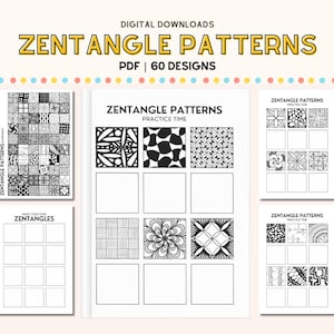 May include: Digital download of Zentangle patterns. The image shows a collection of Zentangle pattern designs in black and white. The text on the image reads "Zentangle Patterns PDF | 60 Designs". The designs are for practice time and to make your own Zentangles.