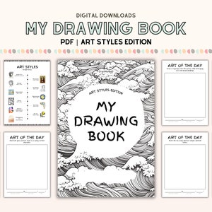 Op de afbeelding: Een digitale download voor een tekenboek met een editie van kunststijlen. De omslag toont een zwart-witte illustratie van golven. Het boek bevat pagina's om te tekenen met prompts zoals "Art of the Day" en "Art Styles".