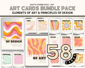 Paquete de recursos para profesores de arte imprimibles, material de diseño del año 2000, actividad de clase de arte, elemento de arte, principio de diseño, conjunto de tarjetas, diseño visual
