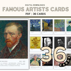 Conjunto de cartões de artistas famosos, recursos visuais para sala de aula, cartão interativo para professores de arte, atividade para aula de arte, pôster de decoração para sala de arte escolar