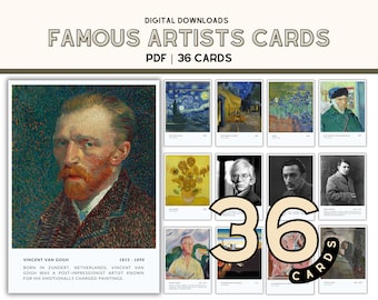 Juego de tarjetas de artistas famosos, material visual para el aula, recurso para profesores de arte, tarjeta interactiva, actividad para la clase de arte, póster para la decoración de la sala de arte escolar