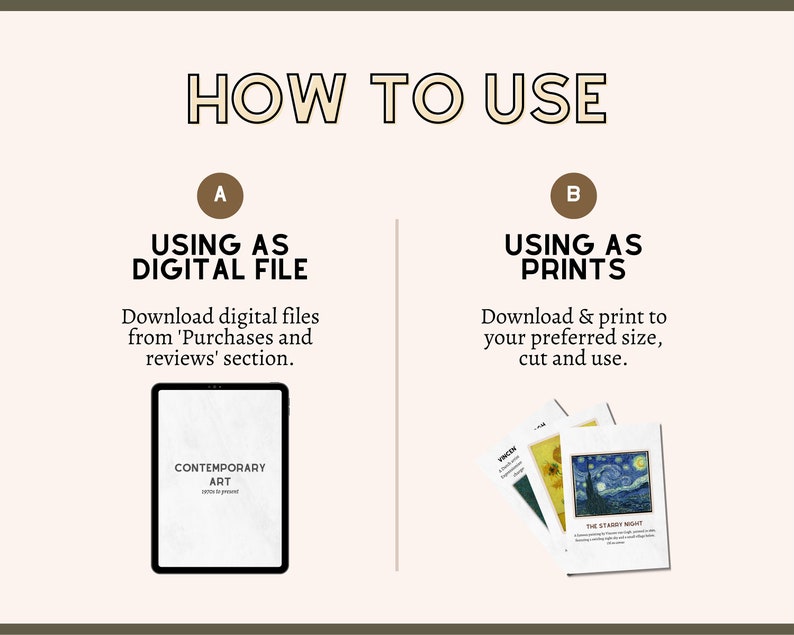 Puede incluir: Un gr&aacute;fico que muestra dos formas de usar impresiones de arte digitales. La primera opci&oacute;n es descargar el archivo digital desde la secci&oacute;n 'Compras y rese&ntilde;as'. La segunda opci&oacute;n es descargar e imprimir el archivo al tama&ntilde;o que prefieras, cortarlo y usarlo. La imagen muestra la pantalla de una tableta con una impresi&oacute;n de arte digital y una pila de impresiones de arte impresas.