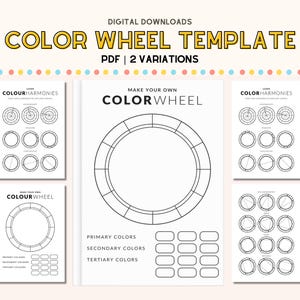 May include: A digital download featuring a color wheel template in PDF format. The design includes a large, blank color wheel, smaller color harmony charts, and sections for primary, secondary, and tertiary colors. The text "COLOR WHEEL TEMPLATE" is in yellow.