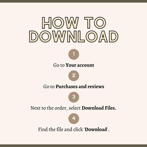 Puede incluir: Un fondo blanco con un contorno marr&oacute;n y texto que dice "HOW TO DOWNLOAD". Hay cuatro pasos numerados con instrucciones sobre c&oacute;mo descargar una compra digital. Paso 1: Ve a tu cuenta. Paso 2: Ve a Compras y rese&ntilde;as. Paso 3: Junto al pedido, selecciona Descargar archivos. Paso 4: Encuentra el archivo y haz clic en 'Descargar'.