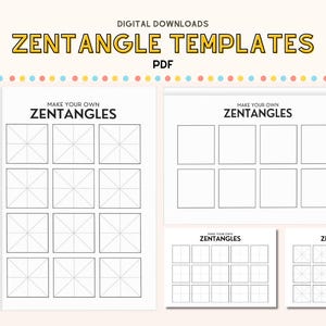 Może przedstawiać: Cztery strony do wydrukowania z szablonami Zentangle. Każda strona ma tytuł "Stwórz własne Zentangle" i zawiera siatkę kwadratów z liniami do tworzenia skomplikowanych wzorów.