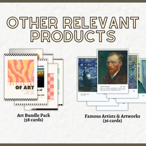 Puede incluir: Dos juegos de tarjetas de memoria con tem&aacute;tica art&iacute;stica. El primer juego se titula "Elementos del arte" y presenta un dise&ntilde;o abstracto rosa y naranja. El segundo juego se titula "Artistas y obras de arte famosas" y presenta una selecci&oacute;n de pinturas famosas, incluyendo "La noche estrellada" de Vincent van Gogh. Ambos juegos incluyen 58 tarjetas.
