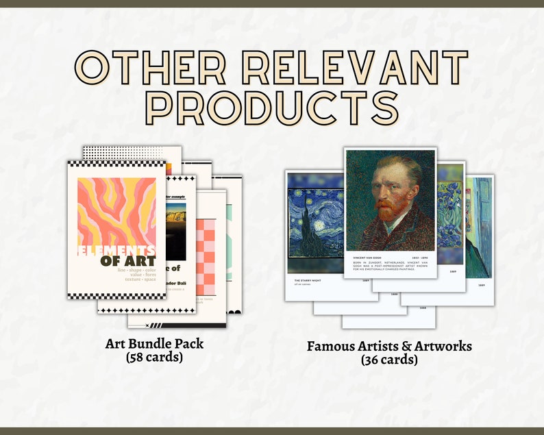 Puede incluir: Dos juegos de tarjetas de memoria con tem&aacute;tica art&iacute;stica. El primer juego se titula "Elementos del arte" y presenta un dise&ntilde;o abstracto rosa y naranja. El segundo juego se titula "Artistas y obras de arte famosas" y presenta una selecci&oacute;n de pinturas famosas, incluyendo "La noche estrellada" de Vincent van Gogh. Ambos juegos incluyen 58 tarjetas.