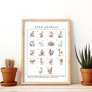 Póster educativo de animales de granja, aprendizaje en el hogar, sala de juegos, decoración de pared, arte de pared Montessori para niños pequeños, póster de aprendizaje de jardín de infantes con estampado de animales