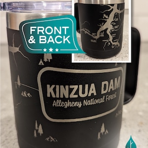 Kinzua Dam Taza Allegheny Forest Reservoir Grabado Café Bebida Vaso Taza Camping Mapa Diseño Bicicleta de Montaña Jakes Rocks