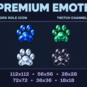 Könnte beinhalten: Ein Set aus acht digitalen Pfotenabdruck-Symbolen mit facettierter Edelsteintextur in Rot, Blau, Grün, Lila, Pink, Weiß, Schwarz und schillernden Farben. Der Text lautet PREMIUM EMOTE, DISCORD ROLE ICON, TWITCH CHANNEL POINT, 112x112, 72x72, 56x56, 36x36, 28x28, 18x18.