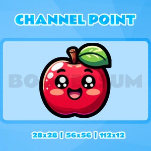Könnte beinhalten: Ein roter Apfel mit einem grünen Blatt und einem lächelnden Gesicht. Der Apfel hat große Augen und einen fröhlichen Ausdruck. Der Text "CHANNEL POINT" befindet sich über dem Apfel und der Text "28x28 | 56x56 | 112x12" unter dem Apfel.
