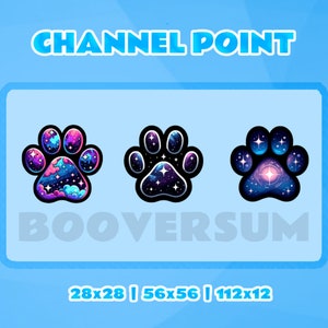 Könnte beinhalten: Drei Pfotenabdruck-Designs mit Galaxie-Thema. Die Pfotenabdrücke sind in verschiedenen Größen: 28x28, 56x56 und 112x12. Der Text "CHANNEL POINT" und "BOOVERSUM" ist ebenfalls im Bild enthalten.