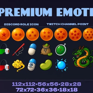 Könnte beinhalten: Digitalgrafik mit dem Text "PREMIUM EMOTE" und verschiedenen Symbolen. Die Symbole umfassen orangefarbene Kugeln mit Sternen, Kopfhörer, Kapseln, einen Drachen und ein Radar. Das Bild enthält auch Größenangaben.