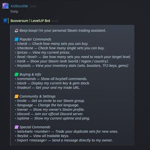 May include: A screenshot of a Discord bot named "Booversum | LevelUP Bot" with a list of commands. The commands are categorized into "Popular Commands", "Buying & Info", "Community & Settings", and "Special Commands". The text is white on a dark gray background.
