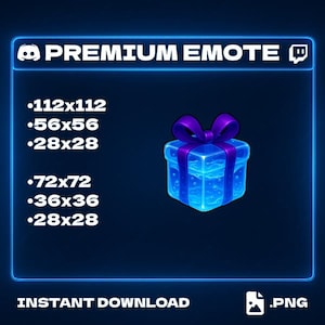 Könnte beinhalten: Digitalgrafik mit einer leuchtenden blauen Geschenkbox mit lila Schleife. Das Bild enthält den Text „PREMIUM EMOTE“ und Größenangaben in Pixeln, wie 112x112, 56x56 und 28x28. Die Wörter „SOFORT-DOWNLOAD“ und „.PNG“ sind ebenfalls vorhanden.