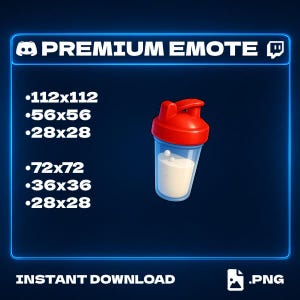 Könnte beinhalten: Digitalgrafik mit einer roten und transparenten Shakerflasche mit weißem Inhalt. Das Bild enthält den Text "PREMIUM EMOTE" und "INSTANT DOWNLOAD .PNG" sowie Größenangaben für die Grafik.