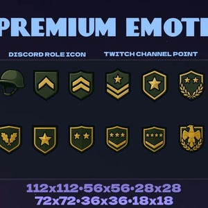 Puede incluir: Un gráfico digital con iconos de temática militar para Discord y Twitch. Los iconos incluyen un casco, galones, estrellas y coronas de laurel, en tonos verdes y dorados. El texto en la parte superior dice "PREMIUM EMOTE".