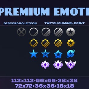 Peut inclure: Graphique bleu foncé avec le texte "PREMIUM EMOTE" en bleu clair. Il présente des icônes pour Discord et Twitch, notamment des étoiles, des diamants et des formes géométriques. Les dimensions en pixels sont également indiquées.