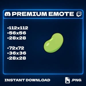 Könnte beinhalten: Digitalgrafik mit einem grünen bohnenförmigen Emote auf dunkelblauem Hintergrund. Der Text zeigt verschiedene Größen an: 112x112, 56x56, 28x28, 72x72, 36x36 und 28x28 Pixel. Die Wörter "PREMIUM EMOTE" und "SOFORT-DOWNLOAD" sind ebenfalls vorhanden.