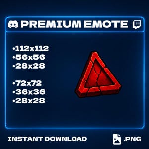 Könnte beinhalten: Ein rotes, zerbrochenes Dreieck-Grafik, entworfen als Premium-Emote. Das Bild enthält Größenangaben: 112x112, 56x56, 28x28, 72x72, 36x36 und 28x28. Der Text "PREMIUM EMOTE" und "SOFORT-DOWNLOAD" sind ebenfalls vorhanden.