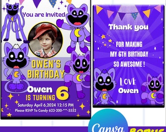Editable Canva Template Smiling Critters CatNap Editable On Canva 7th Printable Birthday Party Invitation, It's Party Time, instant Download
