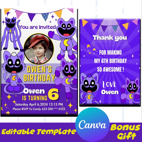 Editable Canva Template Smiling Critters CatNap Editable On Canva 7th Printable Birthday Party Invitation, It's Party Time, instant Download