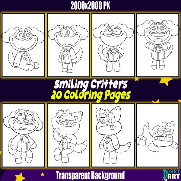 Smilling Critters Coloring Pages CraftyCorn Poppy,BearHug,Bubba Bubbaphant,DogDay, Chicken,PickyPiggy,Vector 20 Coloring pages Birthday Gift