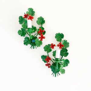 Pair of Vintage Geranium Wall Sconces – Italian Tole – 1950s