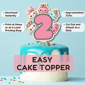 Kawaii Cupcake Cake Topper | 2nd Birthday Cake Topper | Cupcake Party Decor | Printable Cake Topper | DIY Cake Decoration | Instant Download