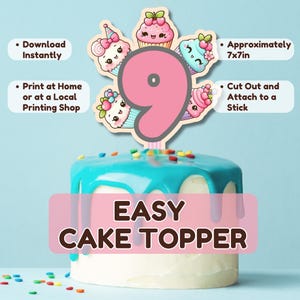 Kawaii Cupcake 9th Birthday Cake Topper (Digital Download)