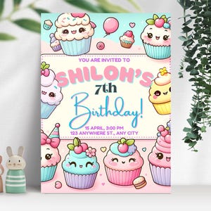 Invito di compleanno con cupcake / Invito alla festa con cupcake kawaii / Modello Canva modificabile / Invito digitale per una festa dolce / Download immediato