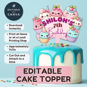 Personalisierte Geburtstag Cake Topper | Kawaii Cupcake Party Dekor | Bearbeitbarer Name & Alter | DIY Digital Download | Super süßes Geburtstagsschild