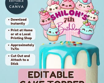 Gepersonaliseerde verjaardagstaarttopper | Kawaii cupcake-feestdecoratie | Bewerkbare naam en leeftijd | Digitale doe-download | Leuk verjaardagsteken