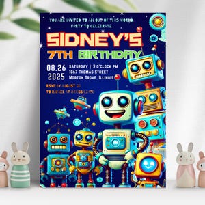 Puede incluir: Una invitación de cumpleaños de robot azul y verde con el texto "Sidney's 7th Birthday" y detalles para la fiesta. La invitación presenta un robot de dibujos animados con una cara amigable y un fondo azul con estrellas.