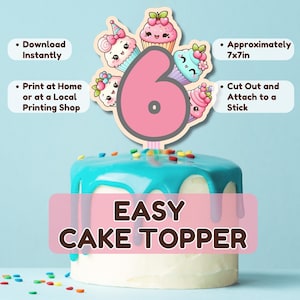 Kawaii Cupcake 6th Birthday Cake Topper: Pastel Party Decor (Digital Download)