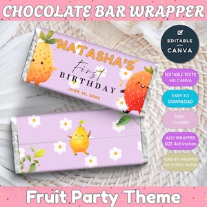 Fruit Party Theme Chocolate Bar Wrapper |  Editable Canva Birthday Favors | Birthday Favor Wrap 4x6 & 6.2x6.2 | Printable Candy Label