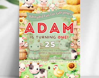 Linda invitación de cumpleaños de animales de granja, linda invitación de fiesta de granja, plantilla editable para fiesta infantil, descarga de primer cumpleaños con tema de granja