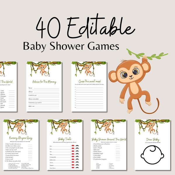 Cute Monkey Baby Shower Games Bundle | Interactive Baby in Bloom Games | Instant Download Canva Template