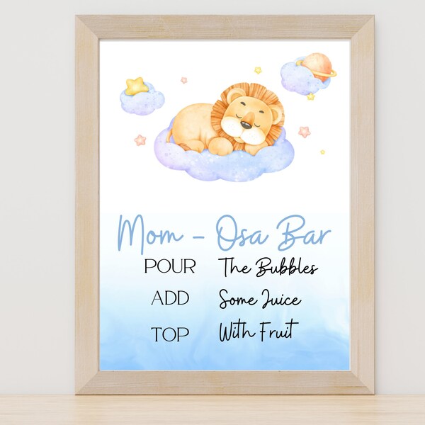 Baby Shower Signs for Boys | Mom-osa Bar Sign Baby Shower | Sleepy blue lion Theme Baby In Bloom