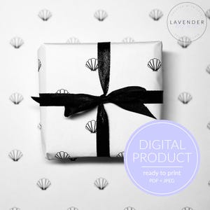 Printable wrapping paper with seashell pattern for gifts, book cover, wall decor, etc. | black & white, minimal design, summer vibes