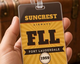 Retro Airline Luggage Tag, Personalized Airport Code Bag Tag, Vintage 1960s Travel, Suncrest Airways, Custom City Year, Aviation Gift